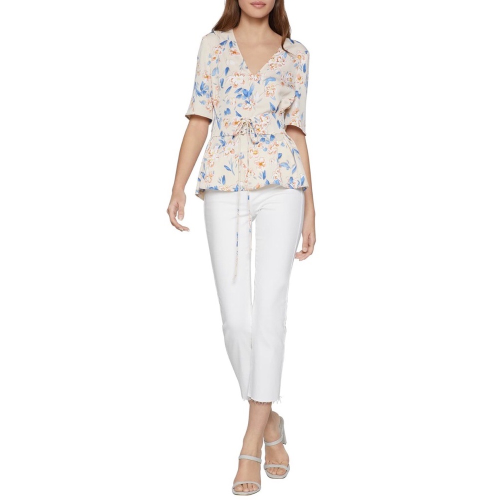 NEW BCBGeneration V Neck Short Sleeve Retro Vintage Floral Corset Tie Front Top